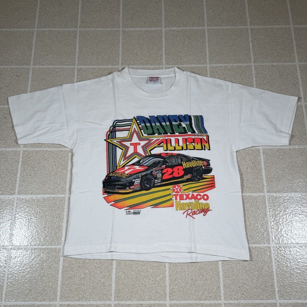 Vintage 1991 Davey Allison Tshirt Sz L White Nascar Single Stitch Havoline Race